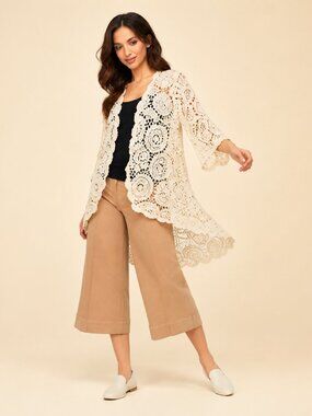 Nina Leonard Natural Crochet Bell Sleeve High Low Cardigan NWOT
